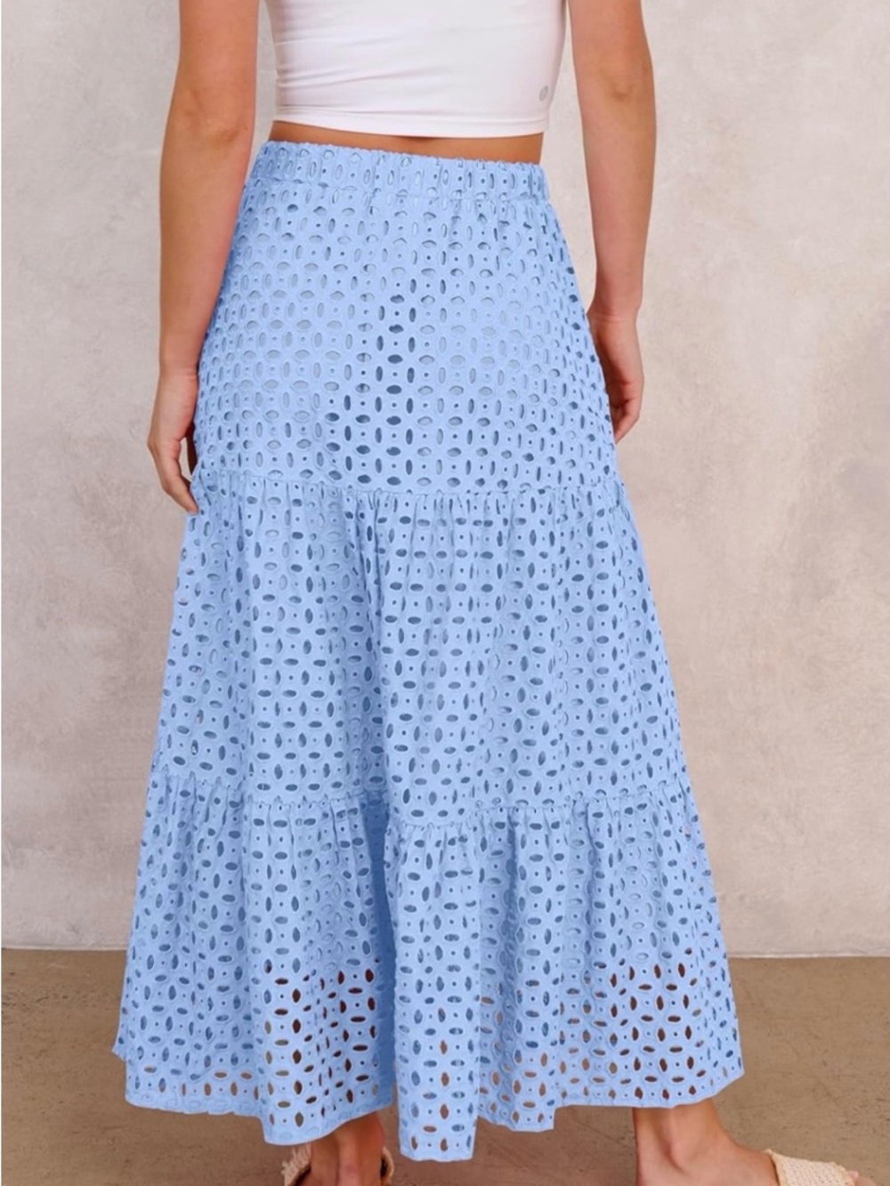 Rayon Maxi Skirt High Waist Tiered Eyelet A-Line Beach Vacation - Picture 5 of 7